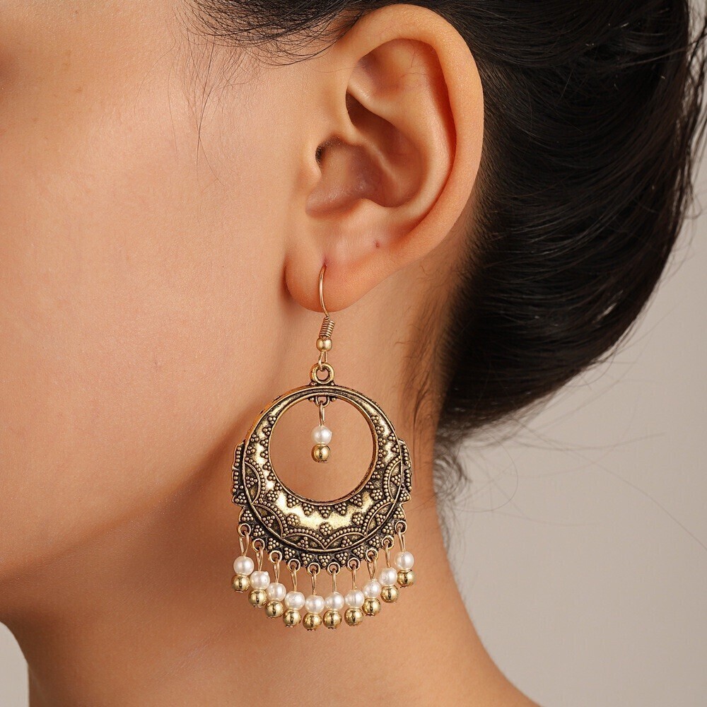 Boho Gypsy Crescent Hoop Dangle Earrings Gold Faux Pearl Fringe Cha Cha Textured